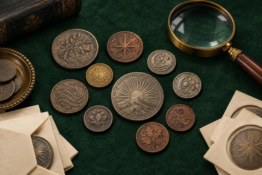 Editorial arrangement of generic tokens and a magnifying glass