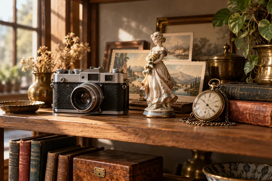 Editorial arrangement of vintage-style collectible objects