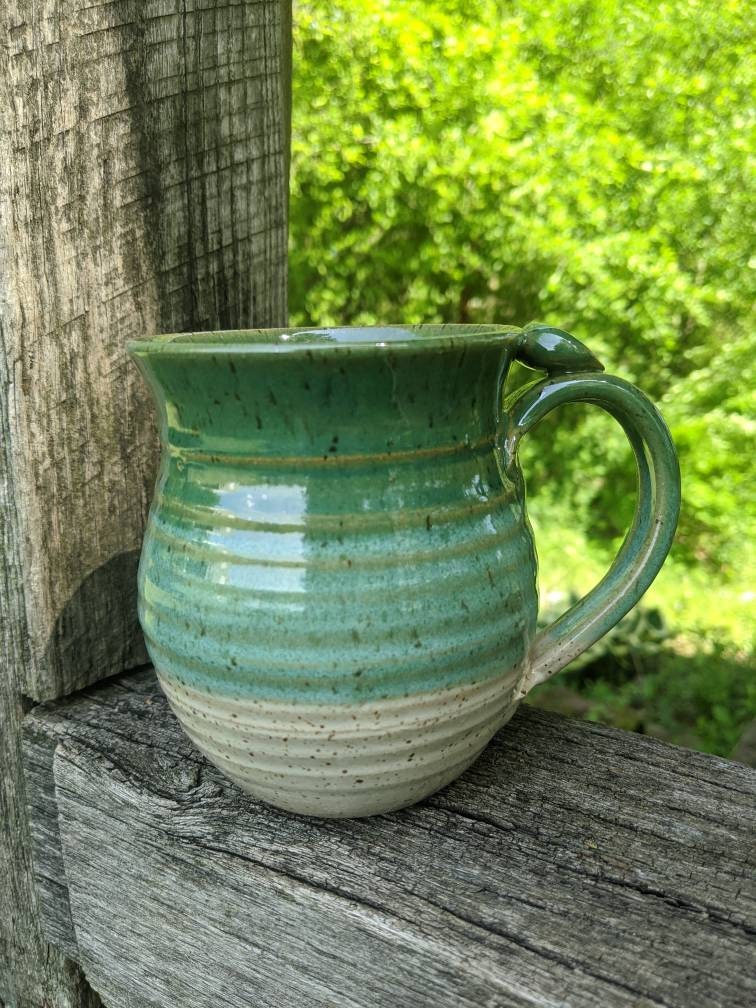 Handmade Ceramic Coffee Mug cup thumb rest green and white pottery clay cup stonehouse pottery - Image 9