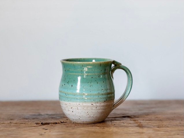 Handmade Ceramic Coffee Mug cup thumb rest green and white pottery clay cup stonehouse pottery - Image 8