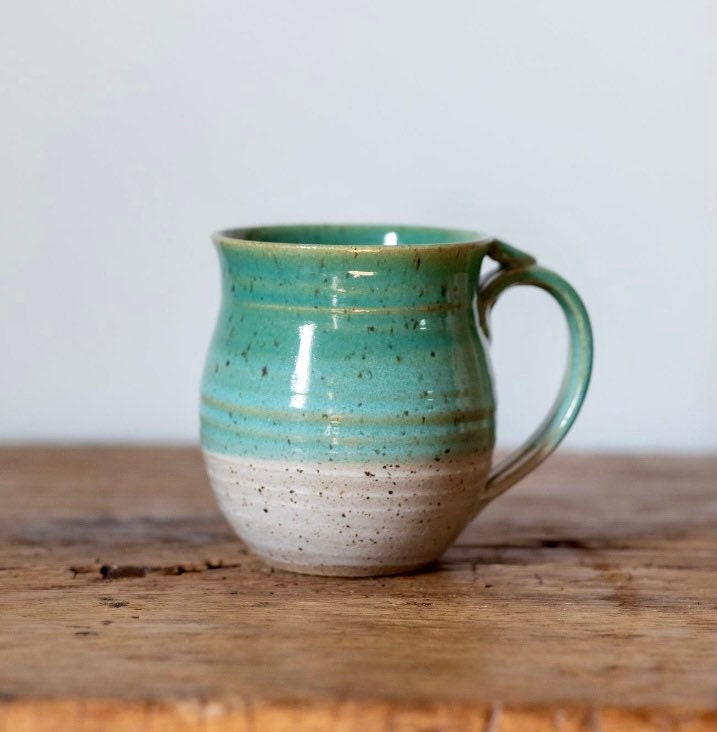 Handmade Ceramic Coffee Mug cup thumb rest green and white pottery clay cup stonehouse pottery - Image 7