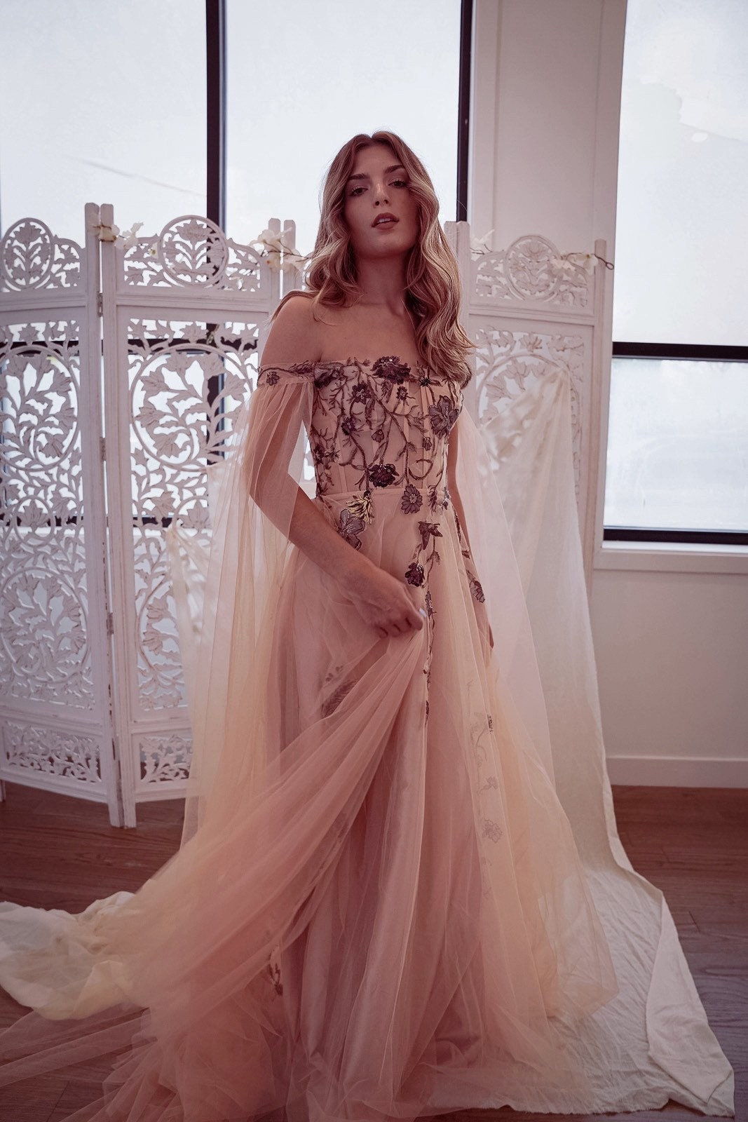 Esme Peach — Floral Embroidery Peach Tulle - Image 3