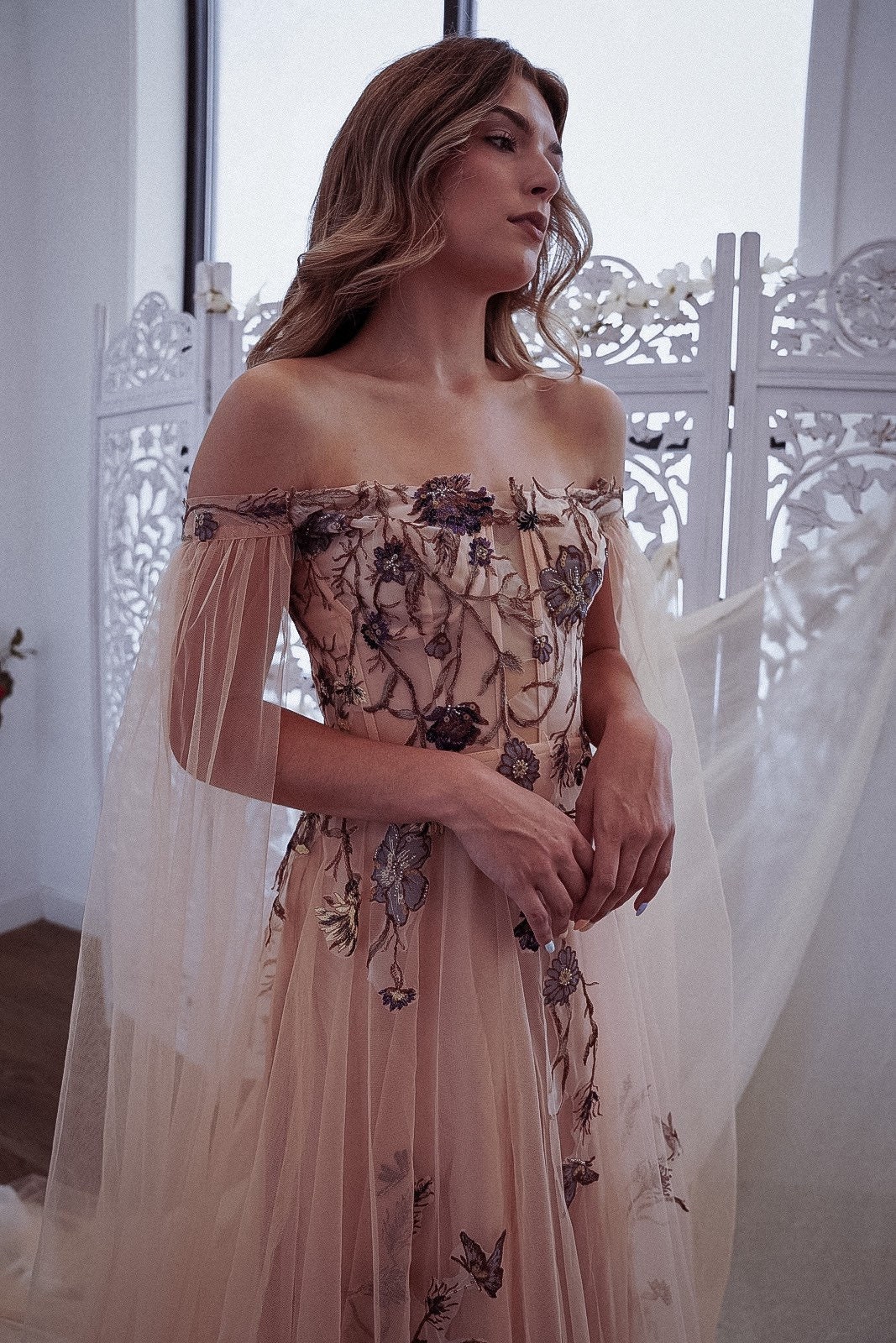 Esme Peach — Floral Embroidery Peach Tulle - Image 7