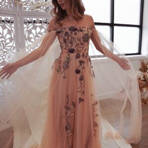 Esme Peach — Floral Embroidery Peach Tulle