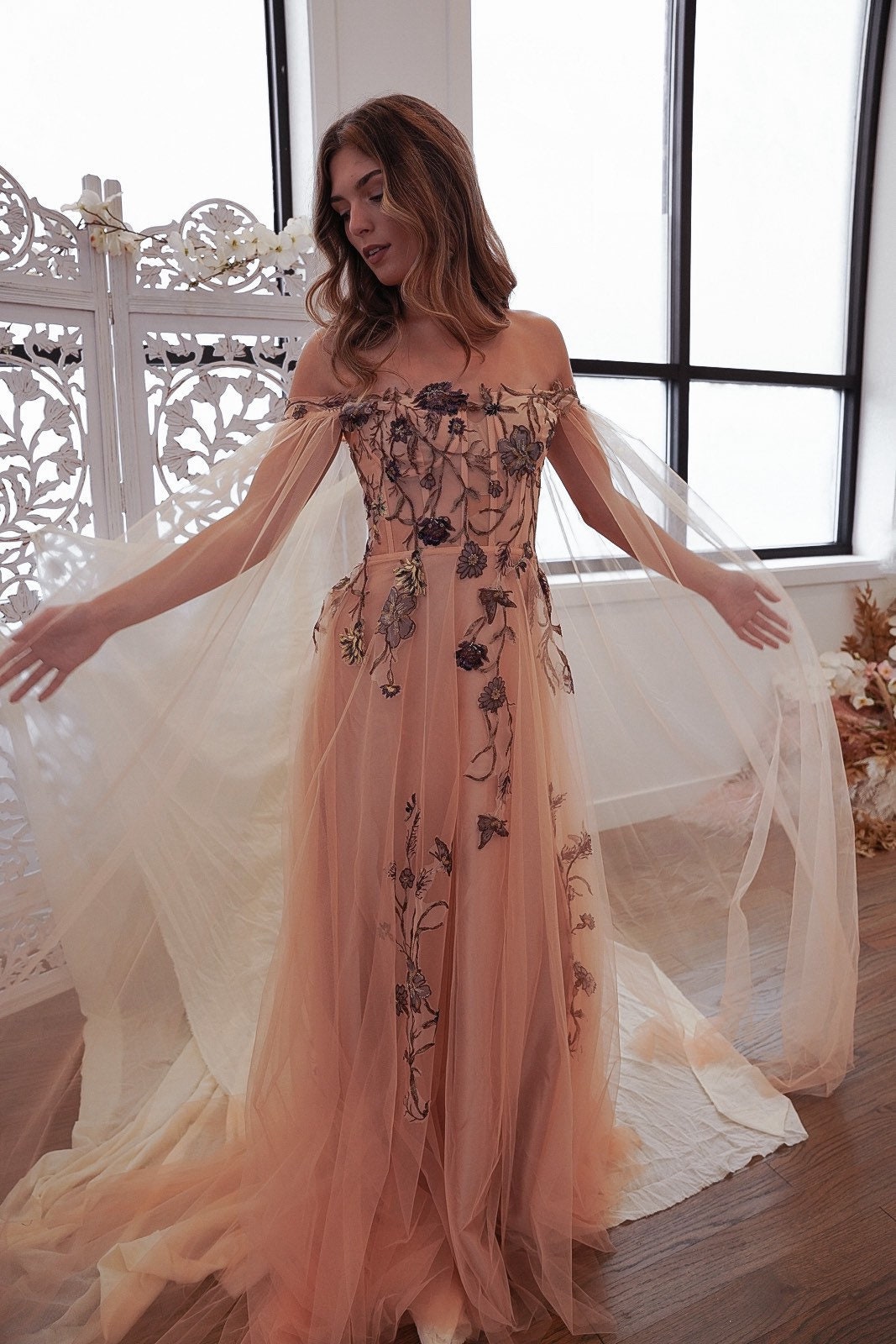 Esme Peach — Floral Embroidery Peach Tulle