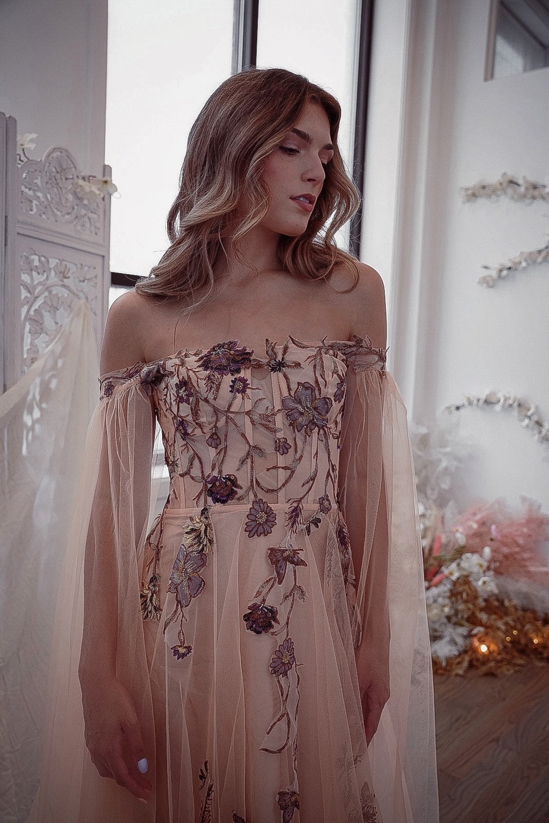 Esme Peach — Floral Embroidery Peach Tulle - Image 4