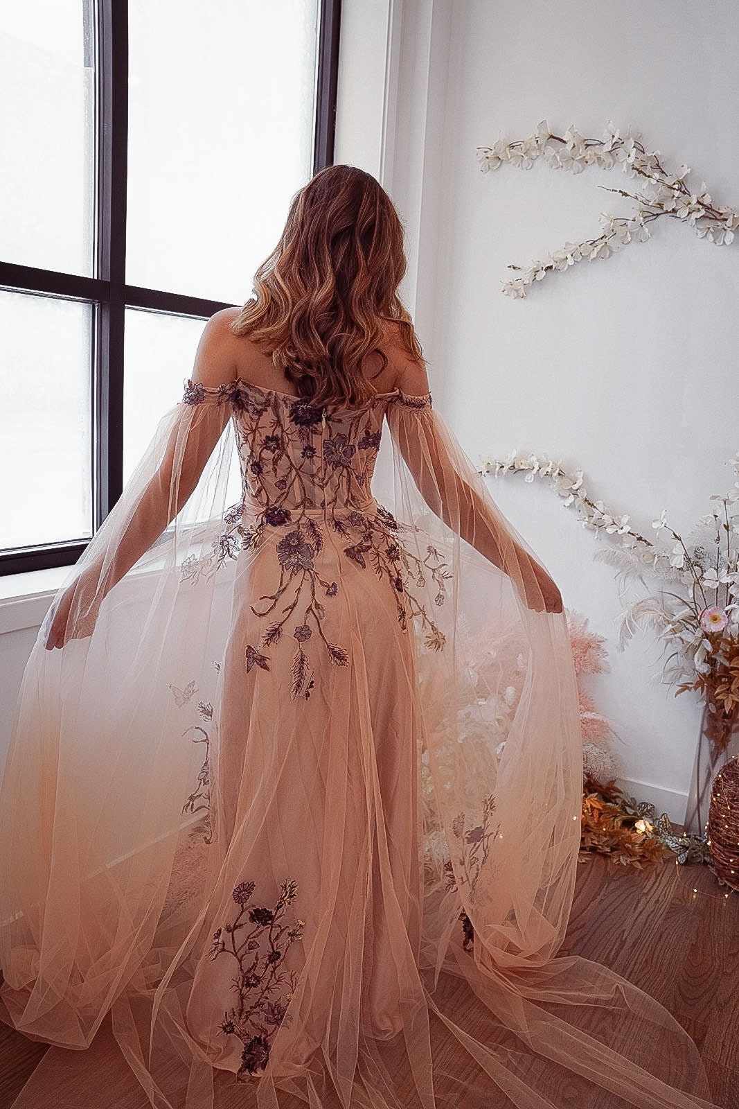 Esme Peach — Floral Embroidery Peach Tulle - Image 2