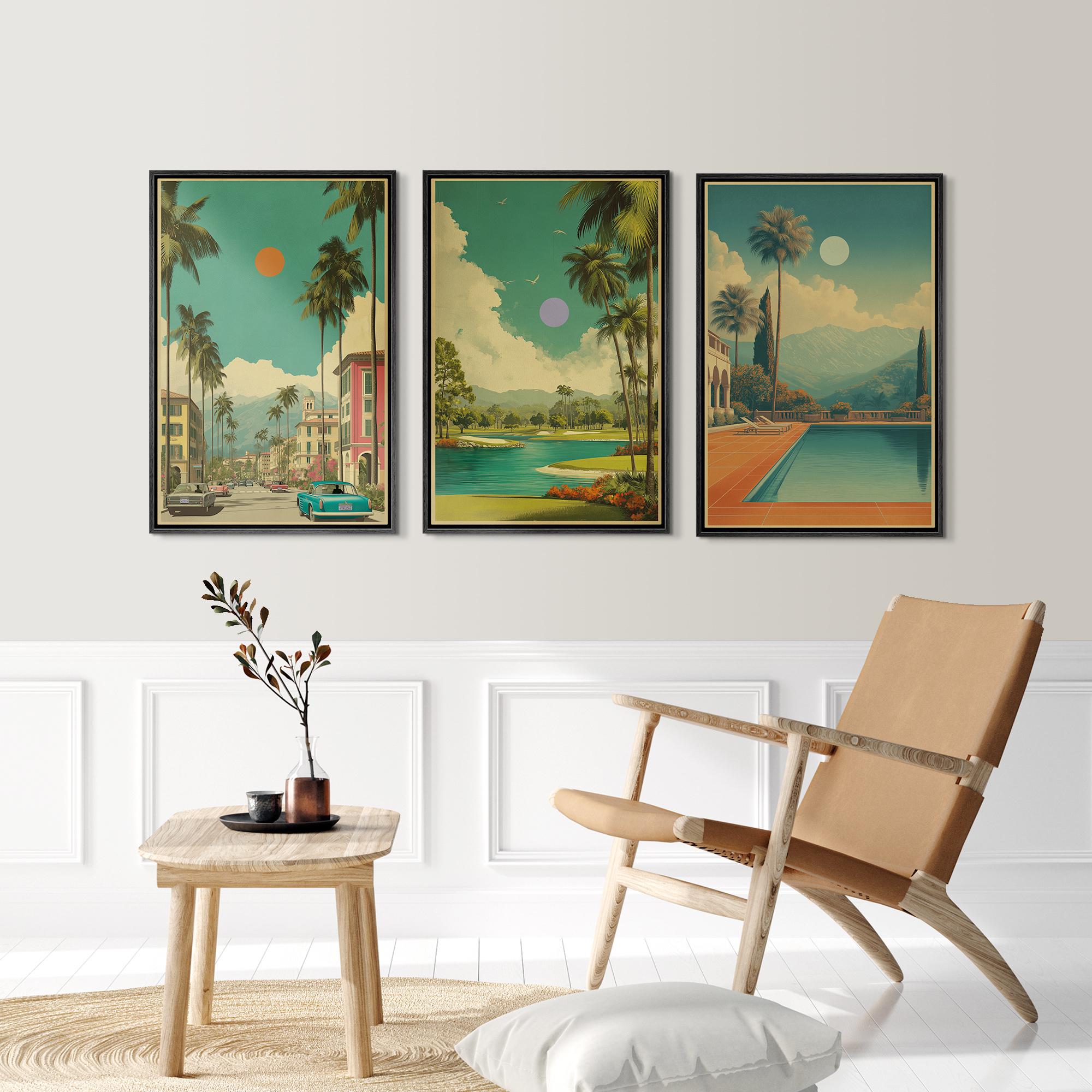 Retro Palm Springs Wall Art Set of 3 - Framed Tropical Landscape Canvas, Mid Century Boho Living Room… - Image 2