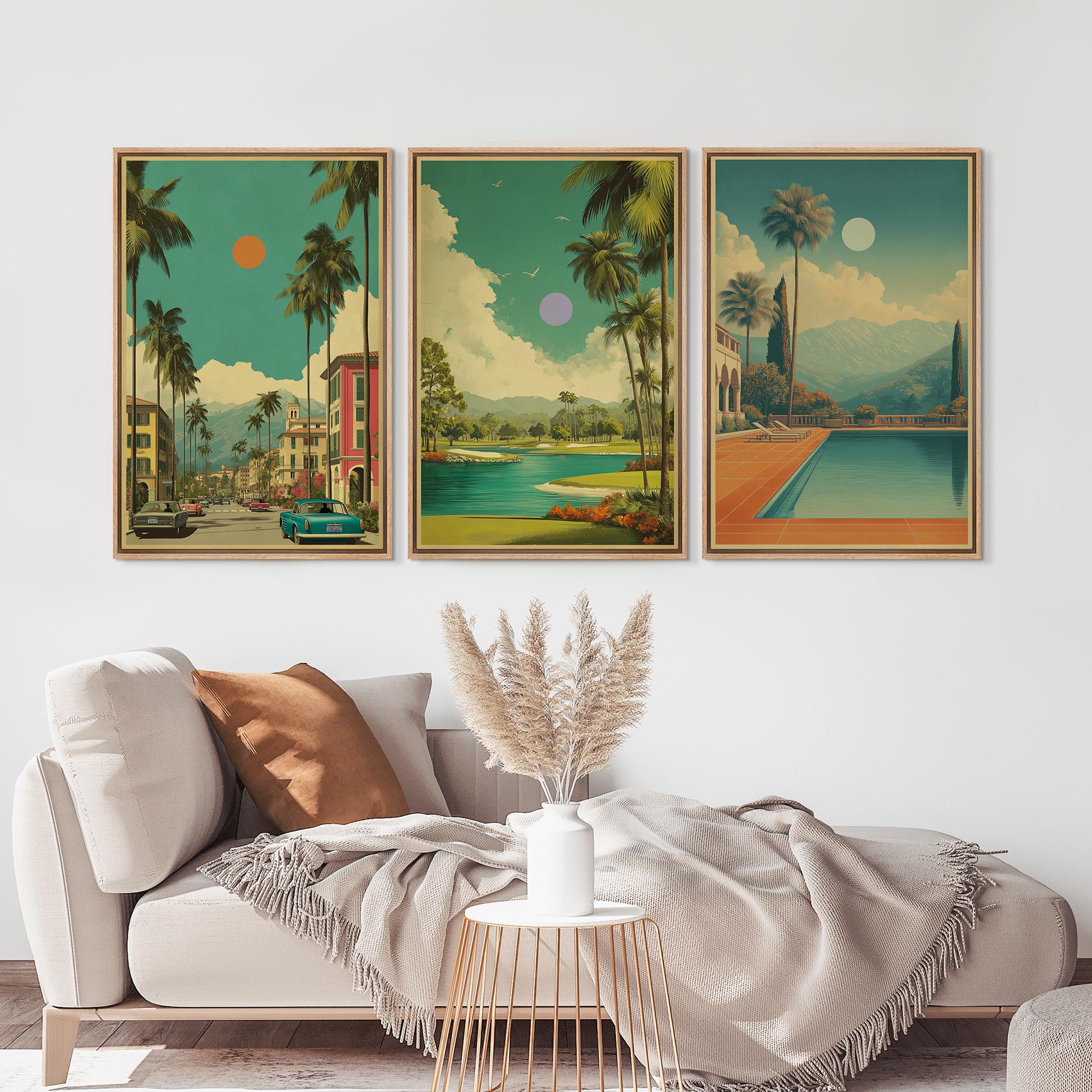 Retro Palm Springs Wall Art Set of 3 - Framed Tropical Landscape Canvas, Mid Century Boho Living Room… - Image 3