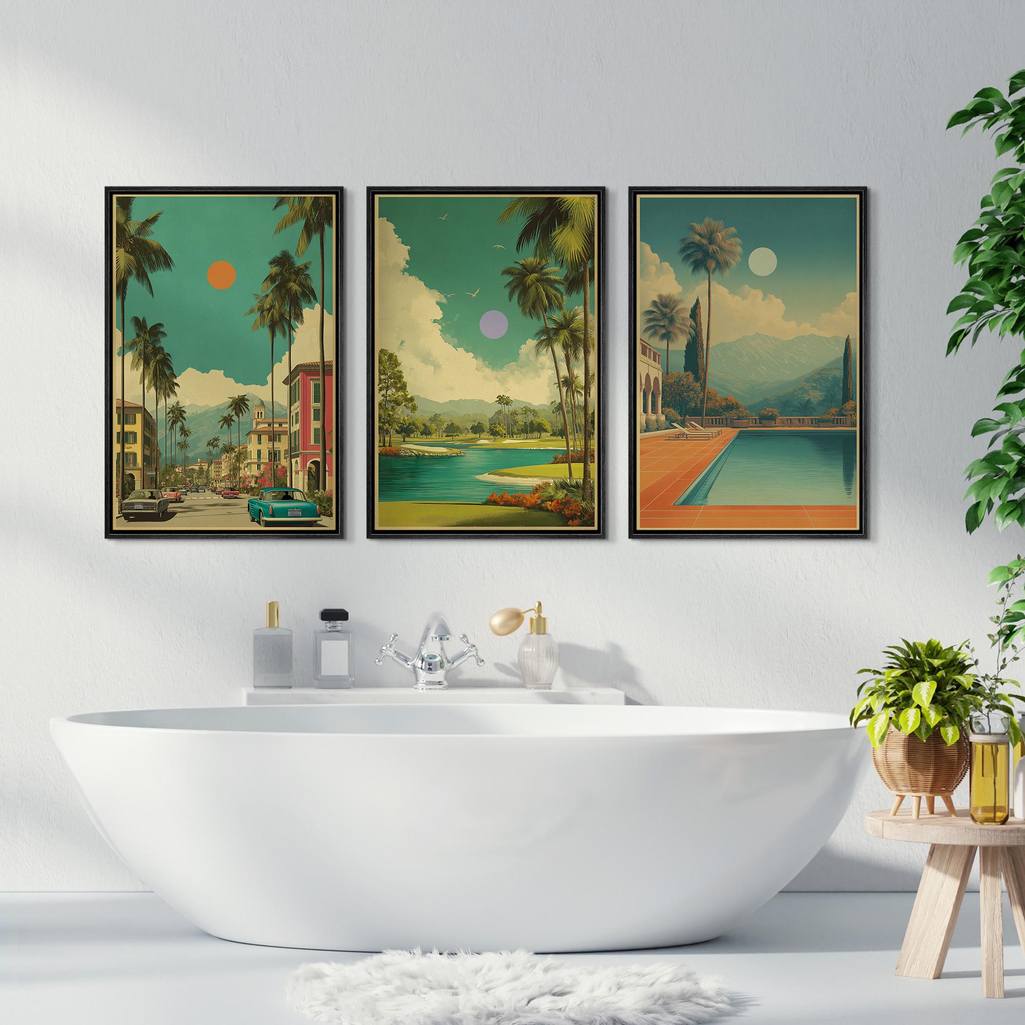 Retro Palm Springs Wall Art Set of 3 - Framed Tropical Landscape Canvas, Mid Century Boho Living Room… - Image 4