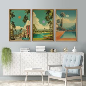 Retro Palm Springs Wall Art Set of 3 - Framed Tropical Landscape Canvas, Mid Century Boho Living Room…