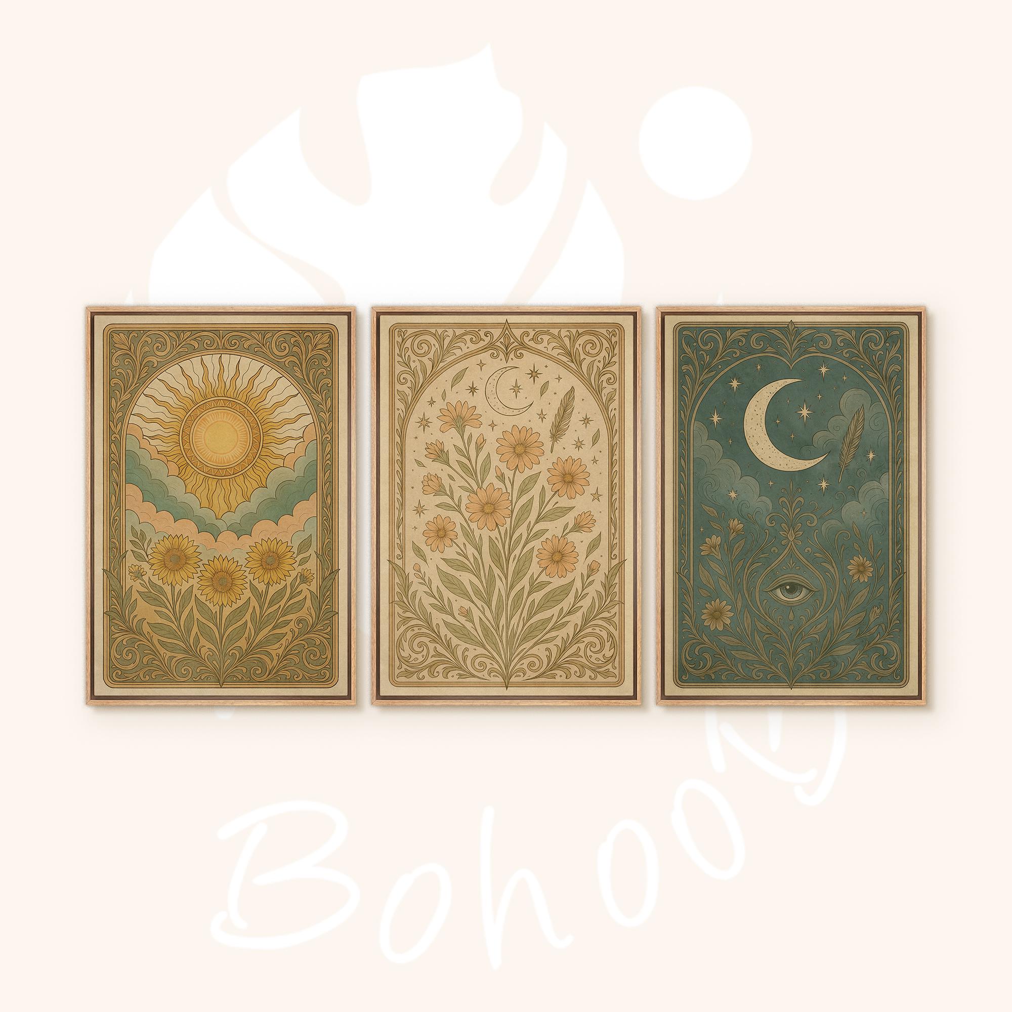 Boho Sun & Moon Wall Art - Set of 3 Framed Celestial Canvas Prints, Vintage Floral with Symbolic… - Image 9