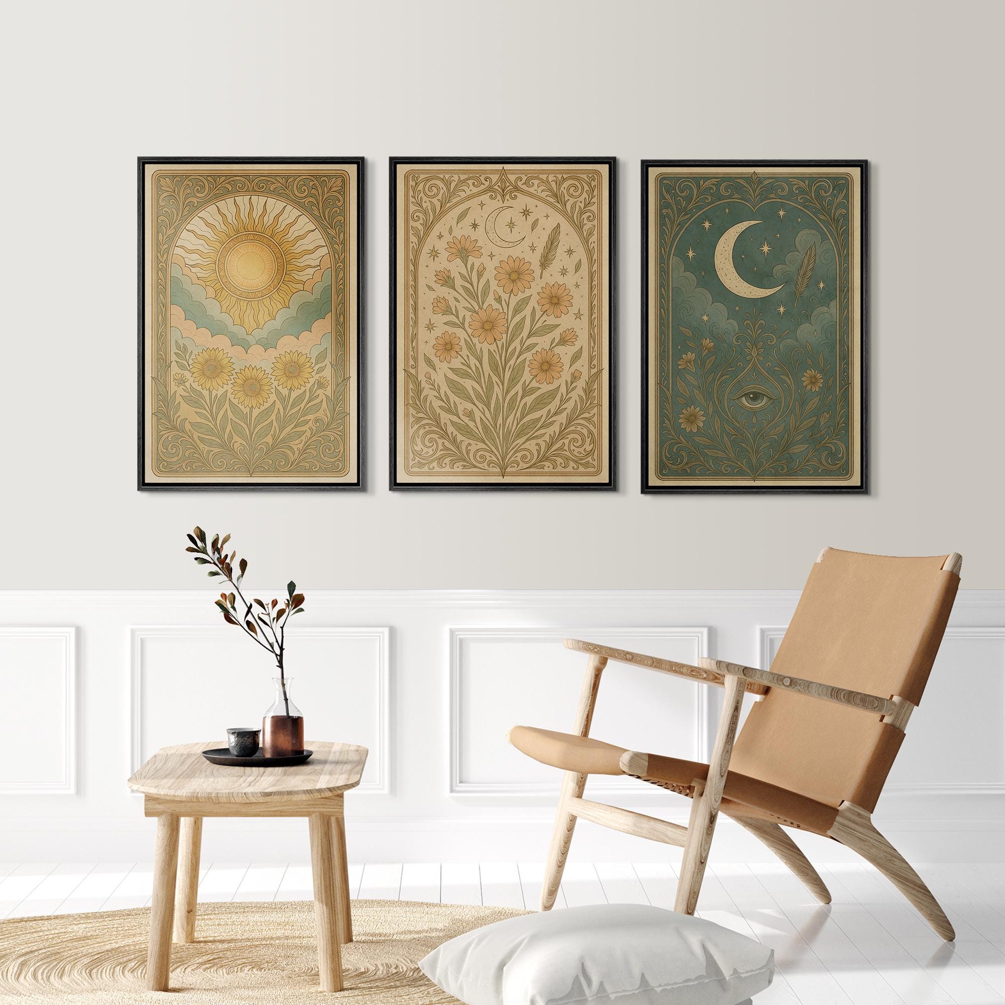 Boho Sun & Moon Wall Art - Set of 3 Framed Celestial Canvas Prints, Vintage Floral with Symbolic… - Image 2