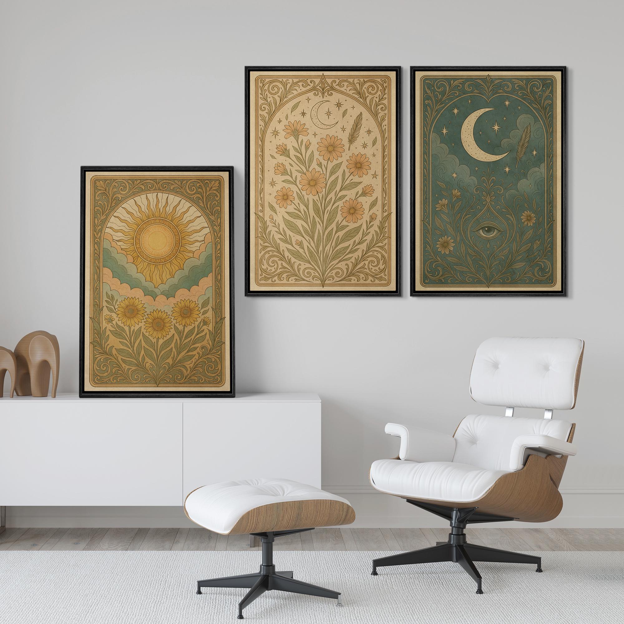 Boho Sun & Moon Wall Art - Set of 3 Framed Celestial Canvas Prints, Vintage Floral with Symbolic… - Image 6