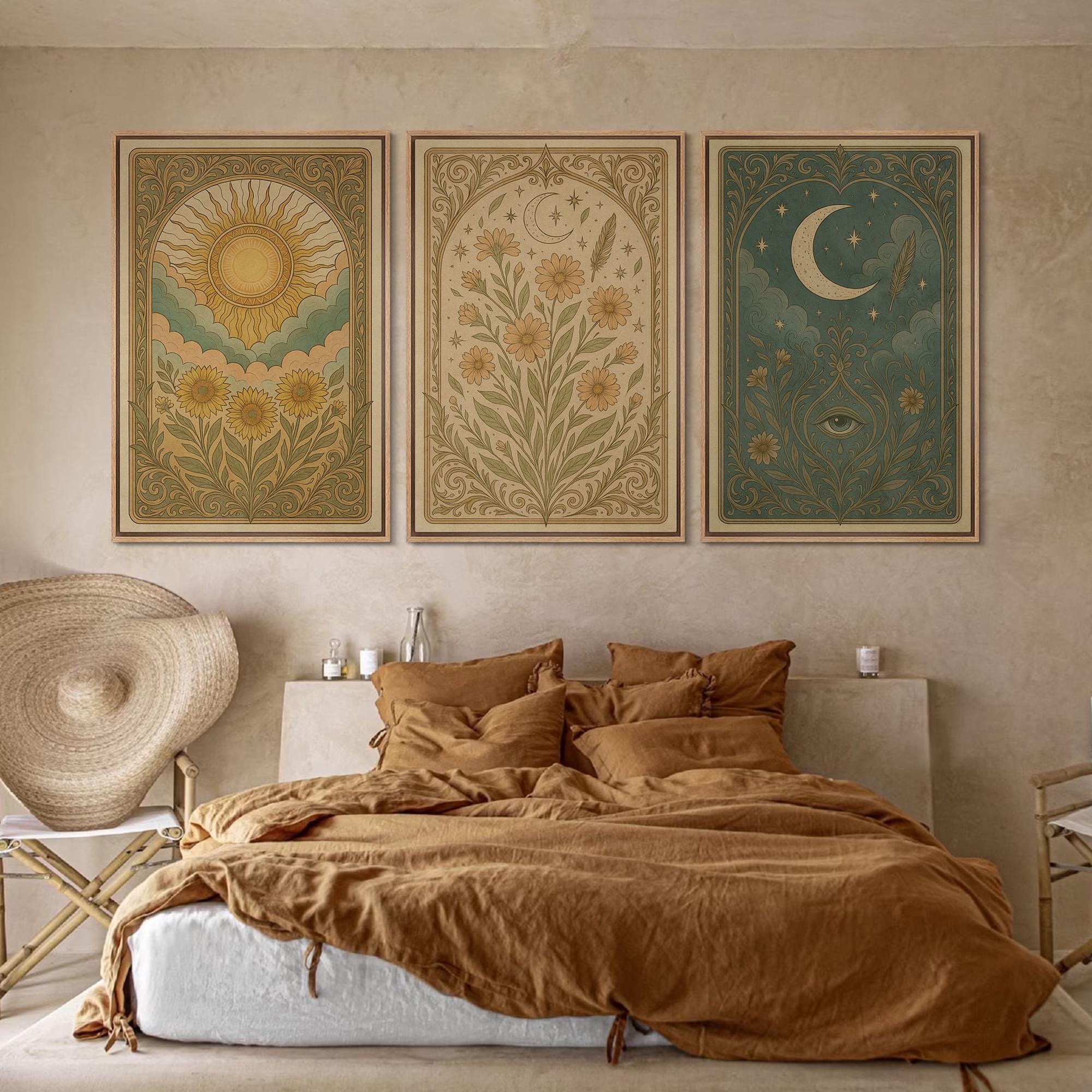 Boho Sun & Moon Wall Art - Set of 3 Framed Celestial Canvas Prints, Vintage Floral with Symbolic… - Image 3