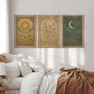 Boho Sun & Moon Wall Art - Set of 3 Framed Celestial Canvas Prints, Vintage Floral with Symbolic…