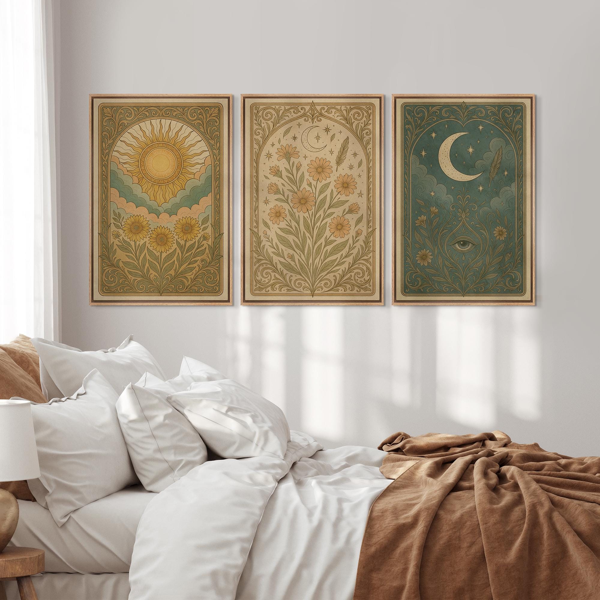 Boho Sun & Moon Wall Art - Set of 3 Framed Celestial Canvas Prints, Vintage Floral with Symbolic…
