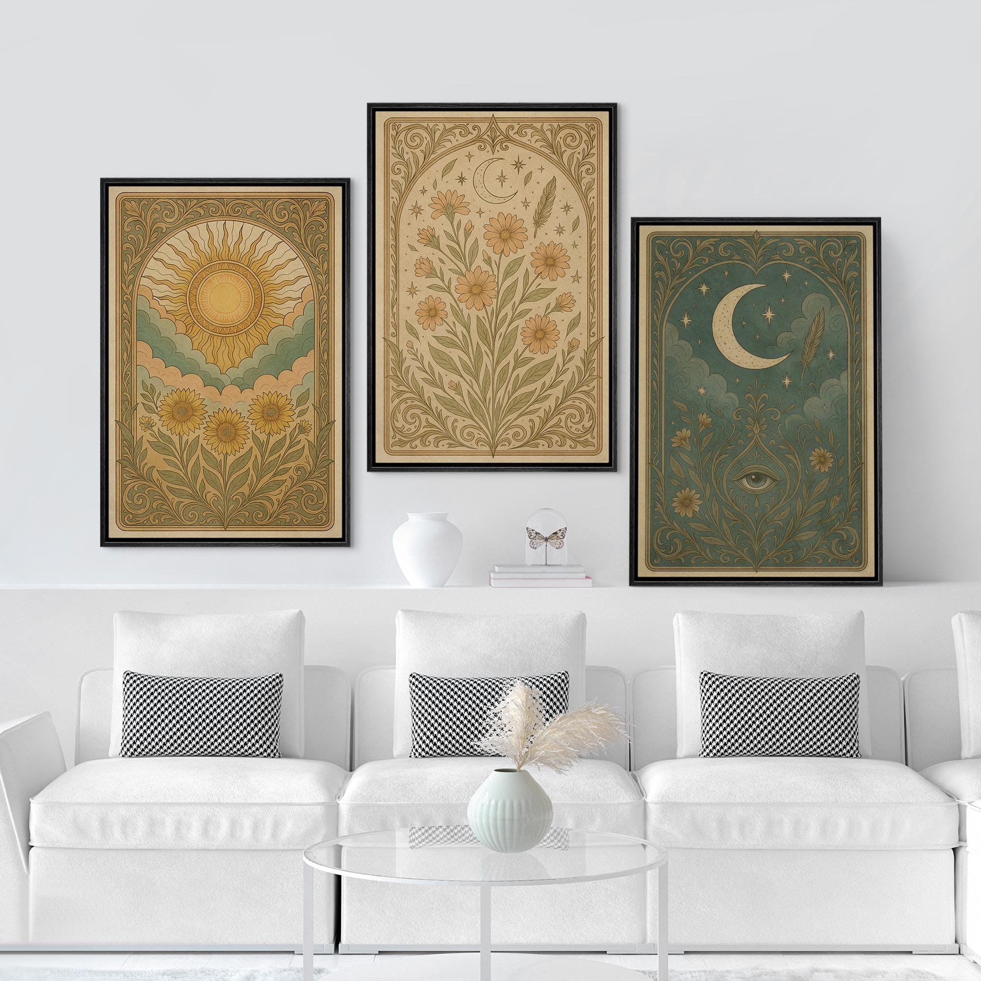 Boho Sun & Moon Wall Art - Set of 3 Framed Celestial Canvas Prints, Vintage Floral with Symbolic… - Image 5