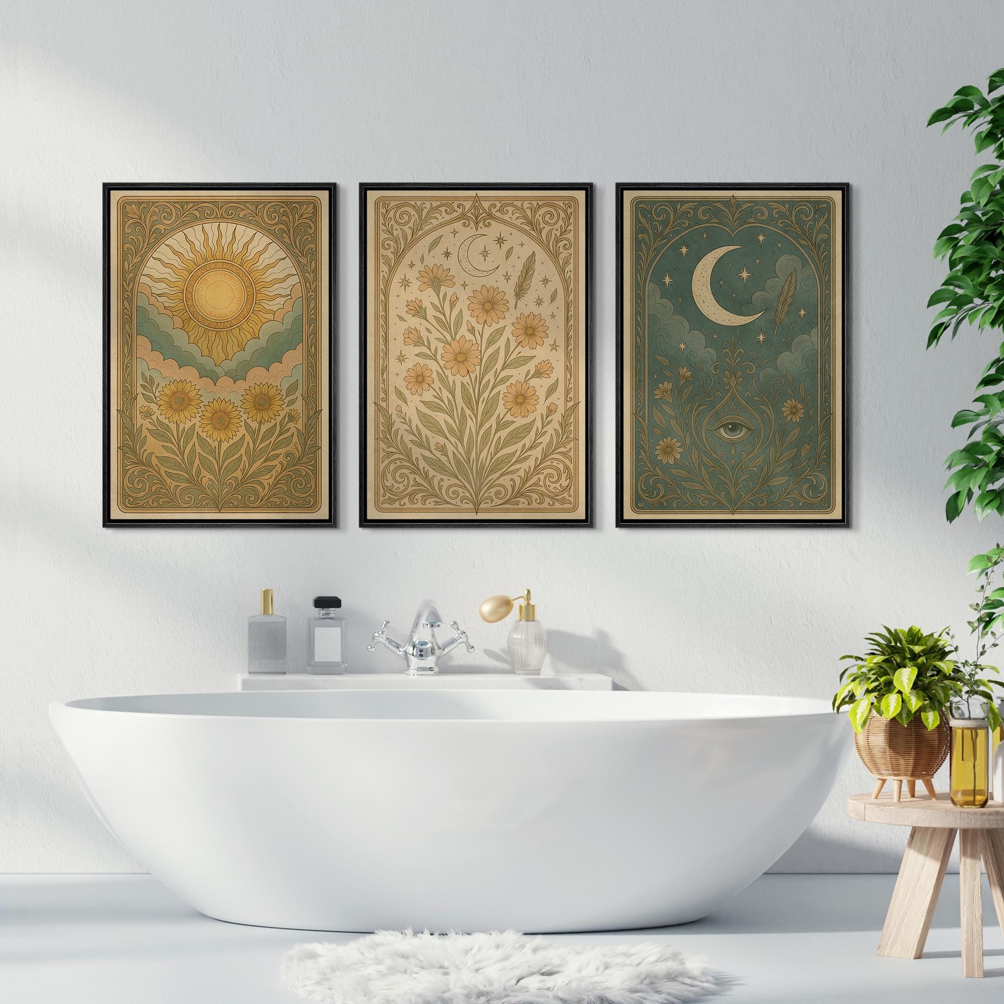 Boho Sun & Moon Wall Art - Set of 3 Framed Celestial Canvas Prints, Vintage Floral with Symbolic… - Image 4