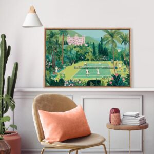 Tropical Tennis Wall Art - Framed Vibrant Garden Canvas Print, Vintage Resort Style Artwork