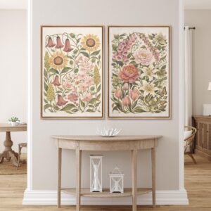 Framed Vintage Wildflower Wall Art Set of 2, Cottage Garden Floral Canvas Prints