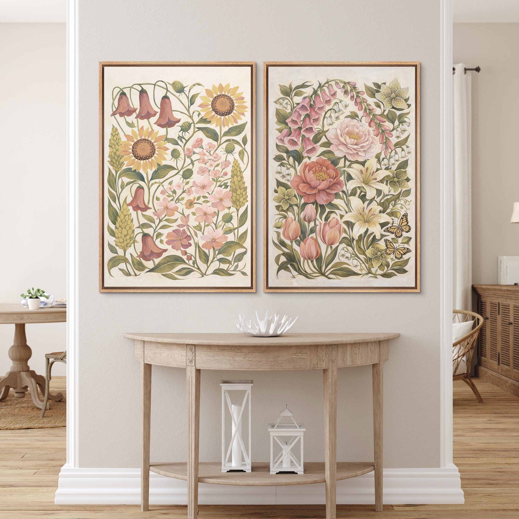 Framed Vintage Wildflower Wall Art Set of 2, Cottage Garden Floral Canvas Prints