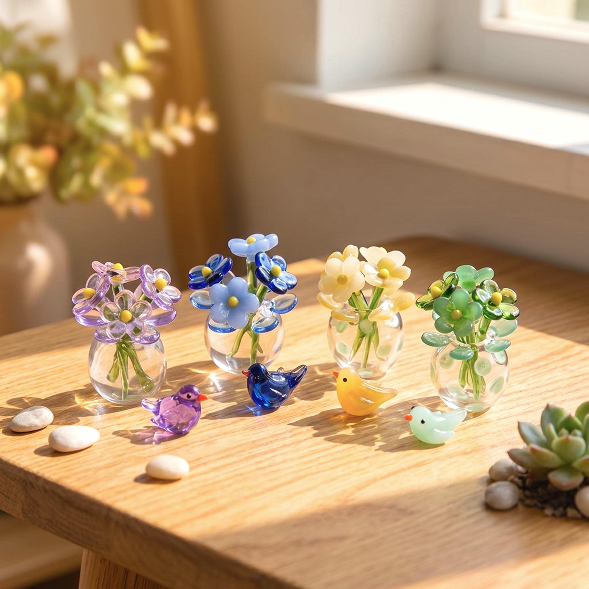 Handmade Miniature Glass Flower Bouquet & Bird Figurine for Mothers Day