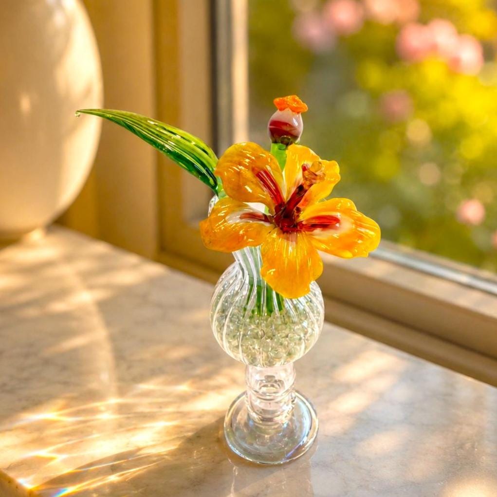 Handblown Miniature Glass Hibiscus in Vase - Image 2