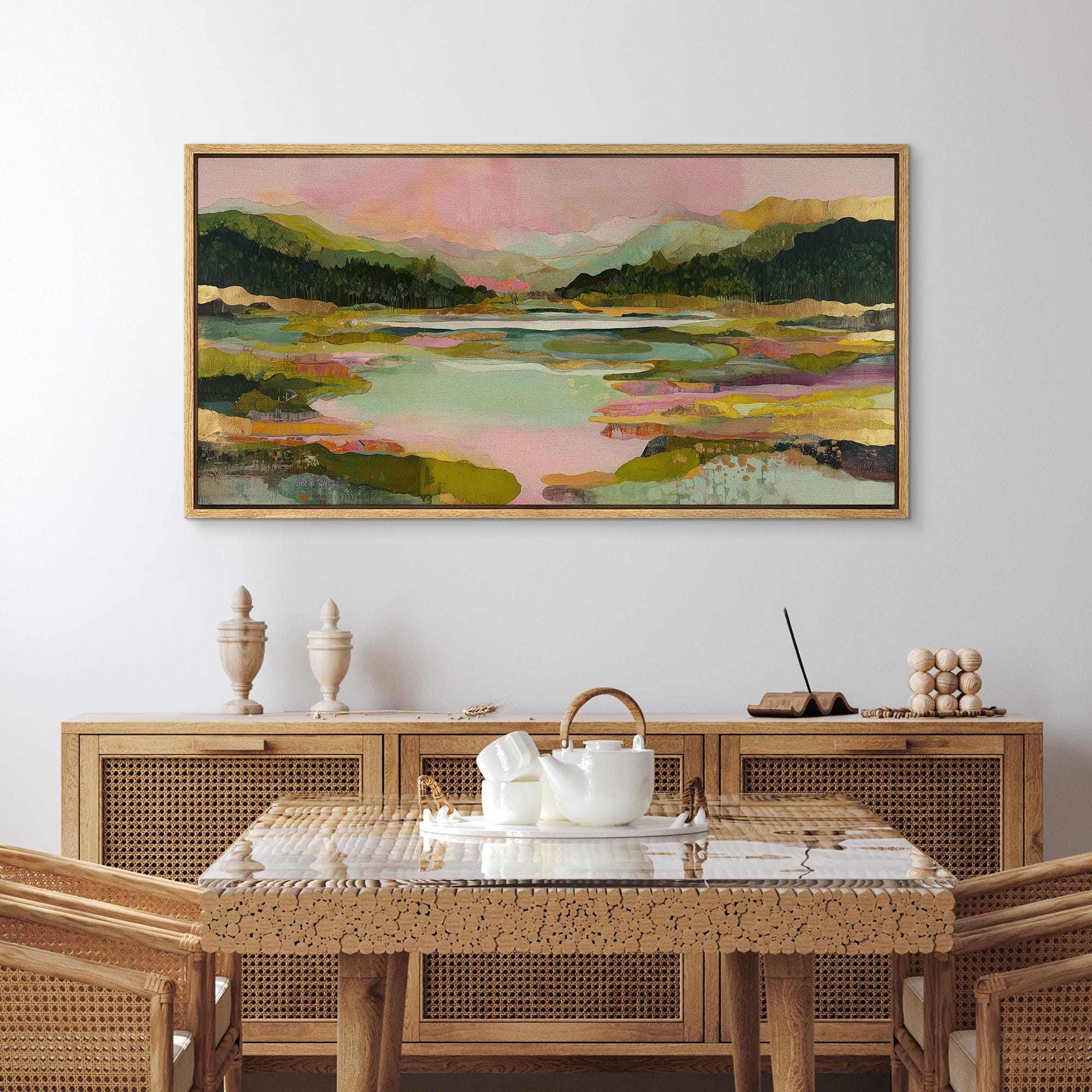Large Abstract Lake Landscape Framed Wall Art, Colorful Mountain Canvas Print