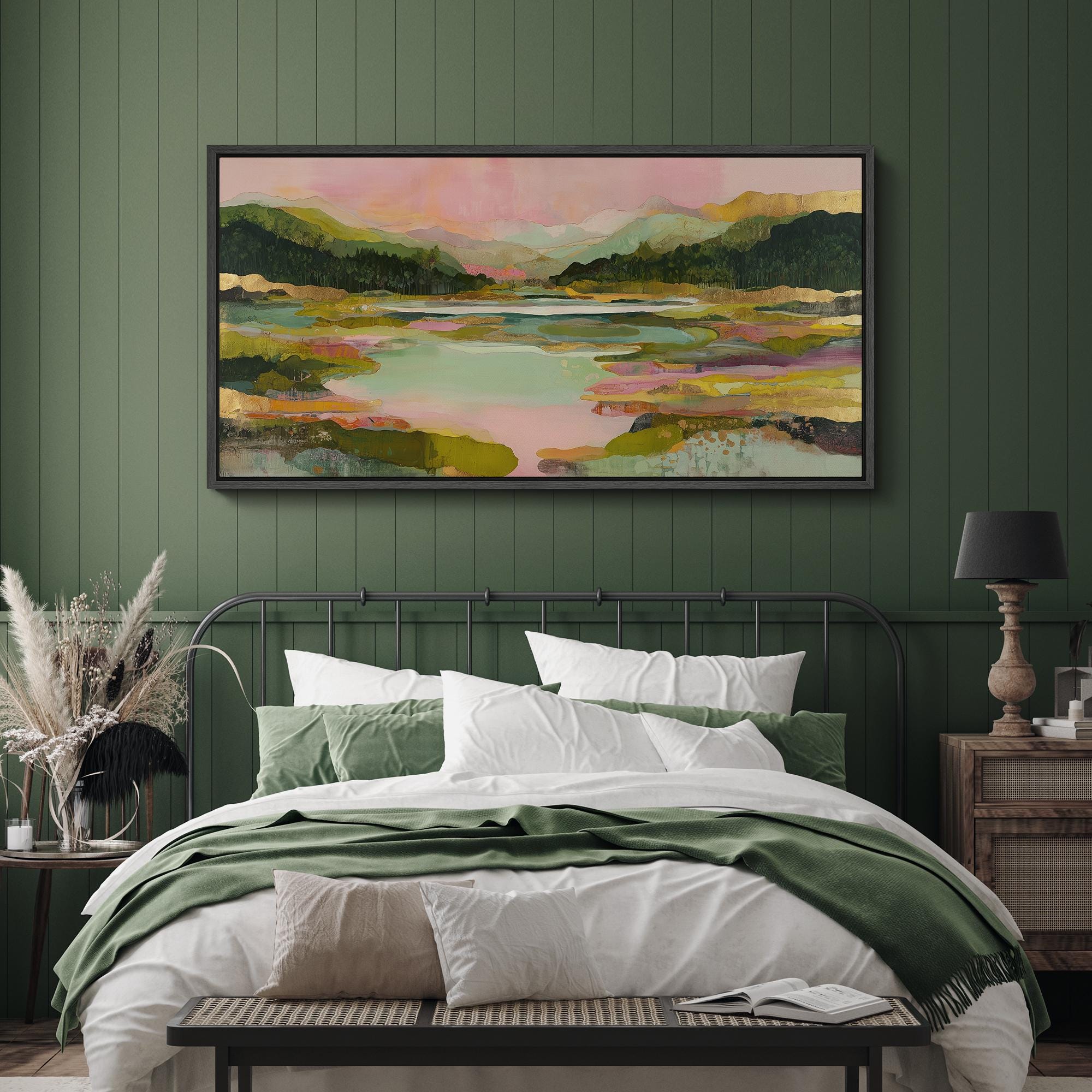 Large Abstract Lake Landscape Framed Wall Art, Colorful Mountain Canvas Print - Image 2