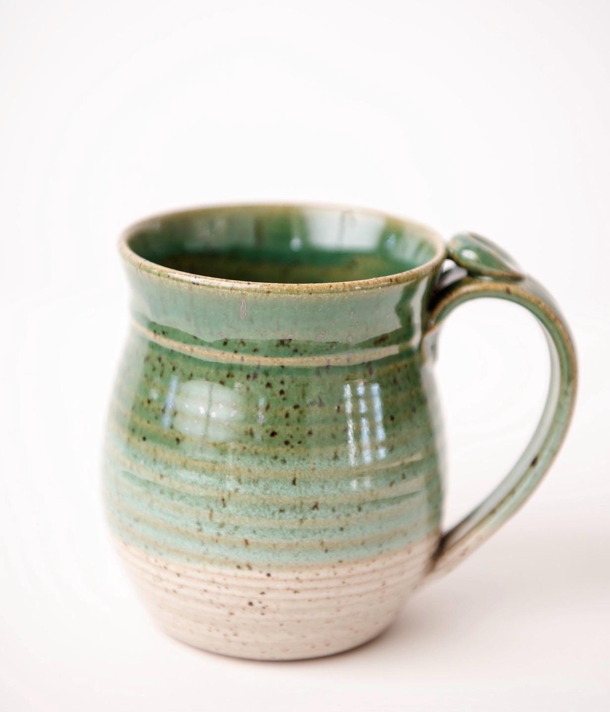 Handmade Ceramic Coffee Mug cup thumb rest green and white pottery clay cup stonehouse pottery - Image 15