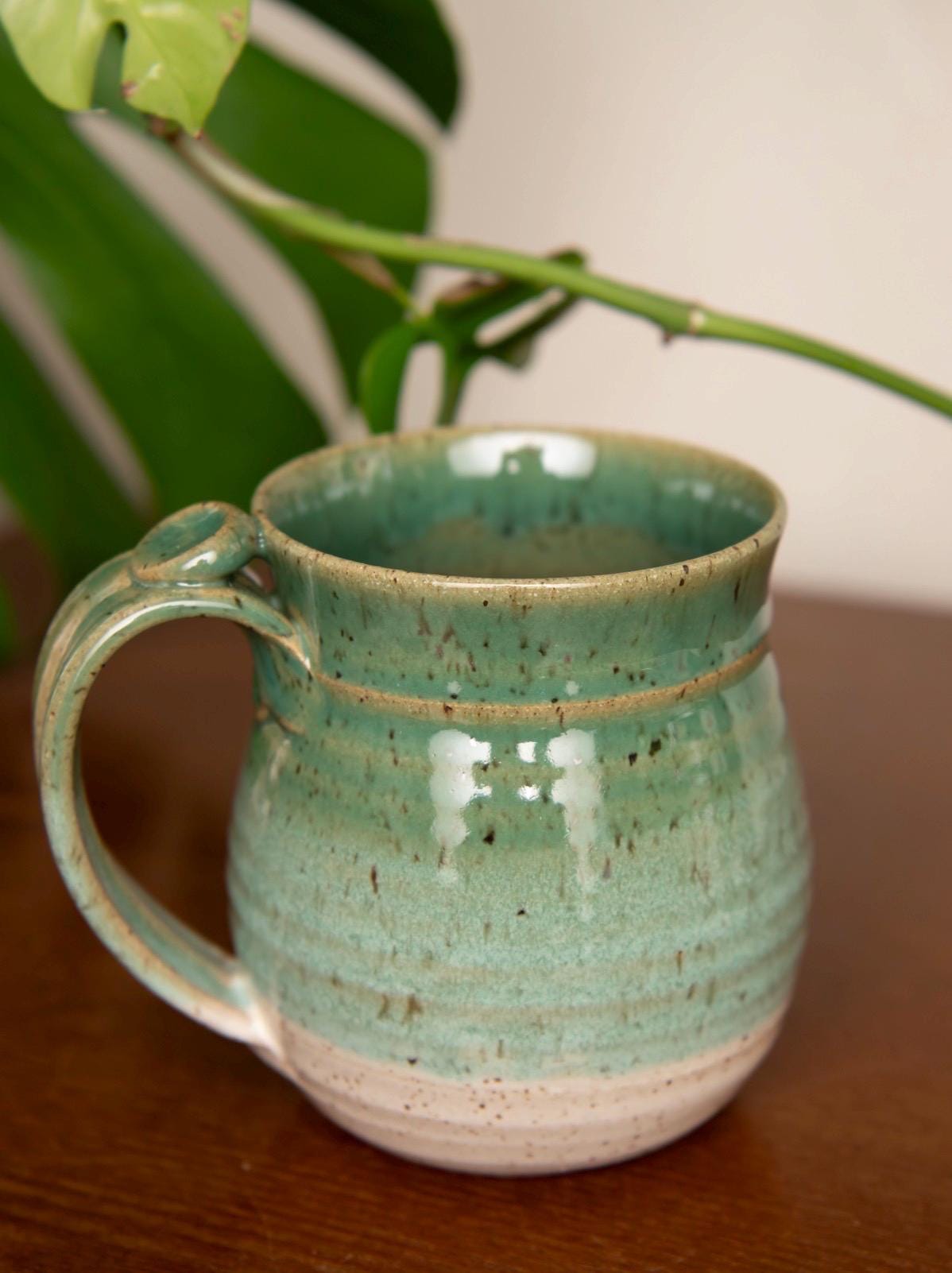 Handmade Ceramic Coffee Mug cup thumb rest green and white pottery clay cup stonehouse pottery - Image 16