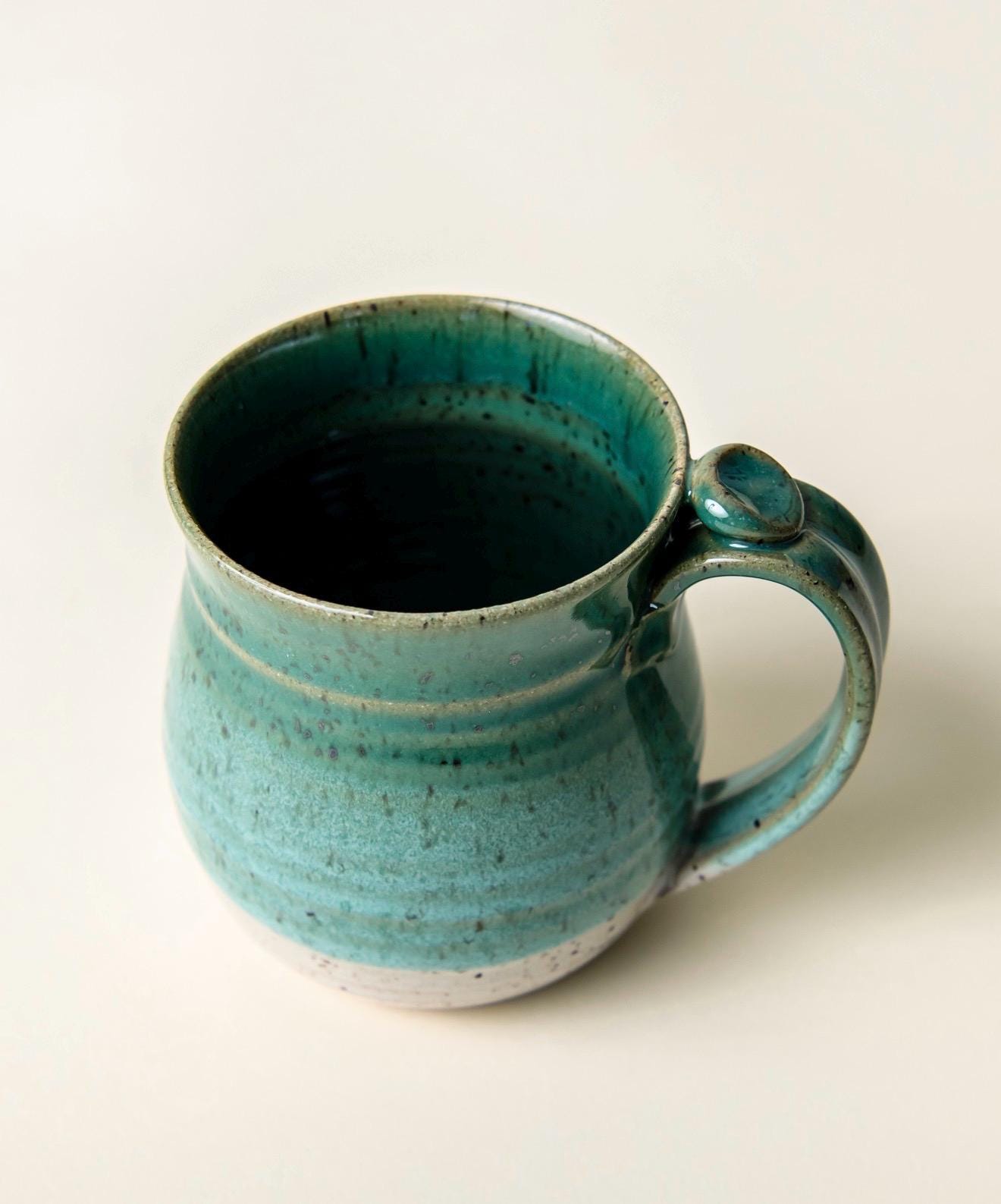 Handmade Ceramic Coffee Mug cup thumb rest green and white pottery clay cup stonehouse pottery - Image 17