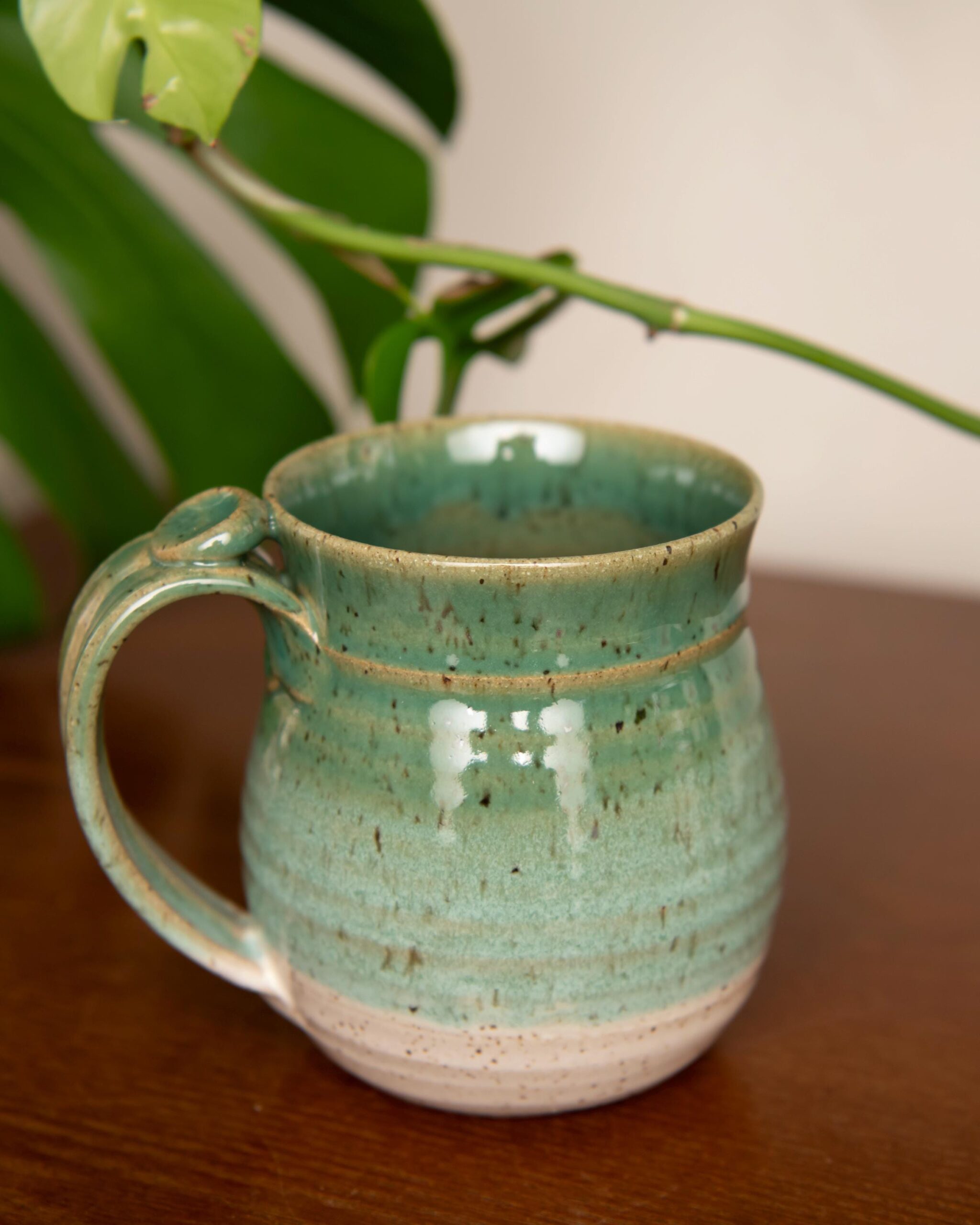 Handmade Ceramic Coffee Mug cup thumb rest green and white pottery clay cup stonehouse pottery - Image 19