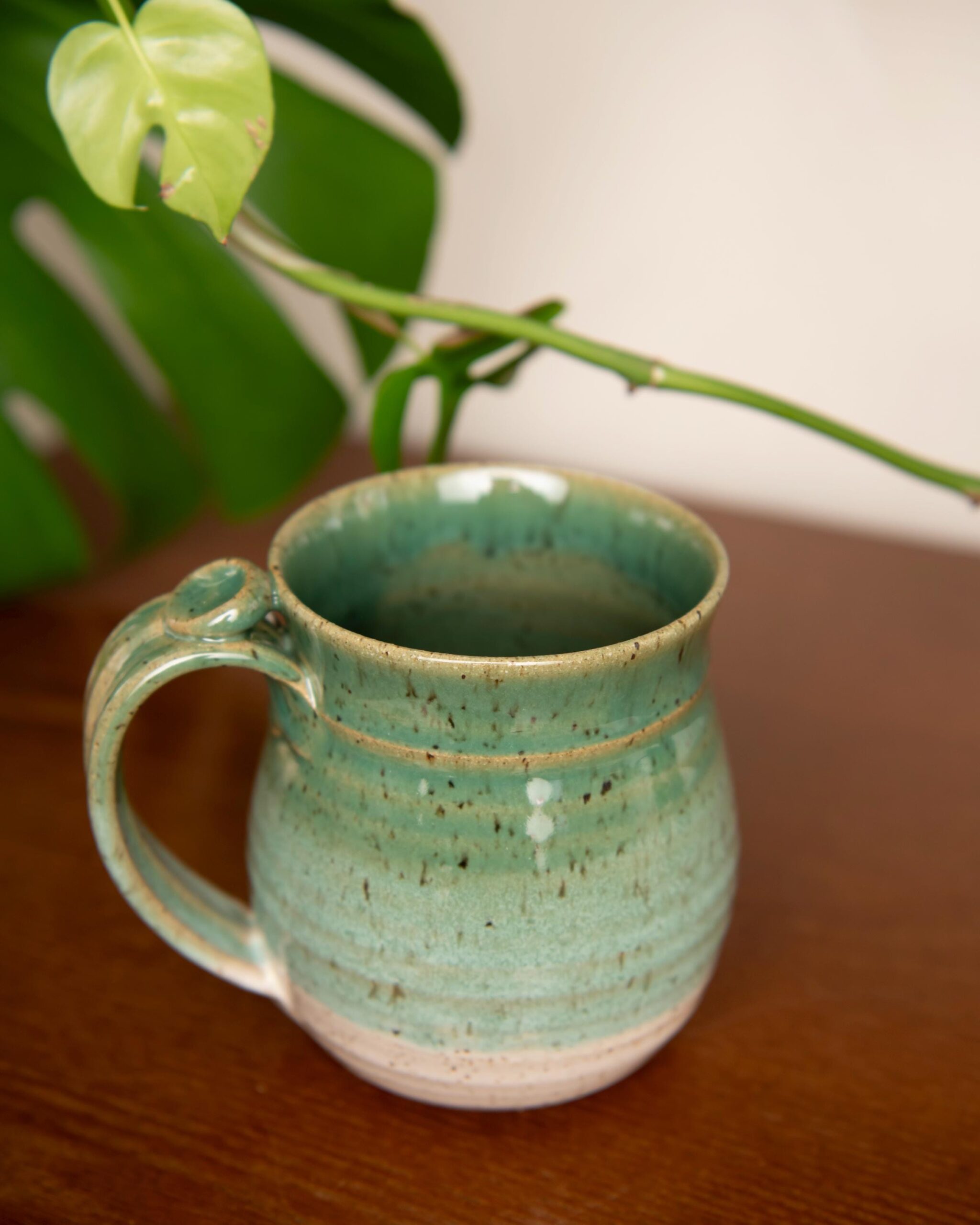 Handmade Ceramic Coffee Mug cup thumb rest green and white pottery clay cup stonehouse pottery - Image 20