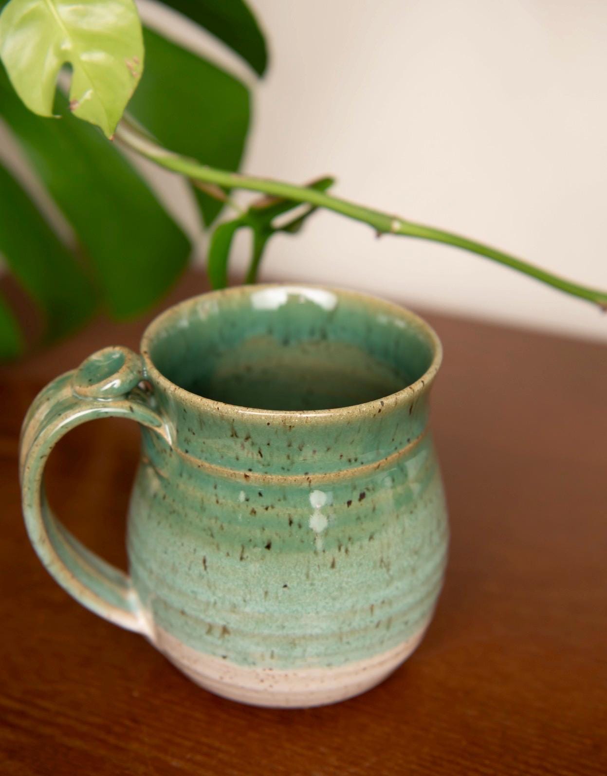 Handmade Ceramic Coffee Mug cup thumb rest green and white pottery clay cup stonehouse pottery - Image 13