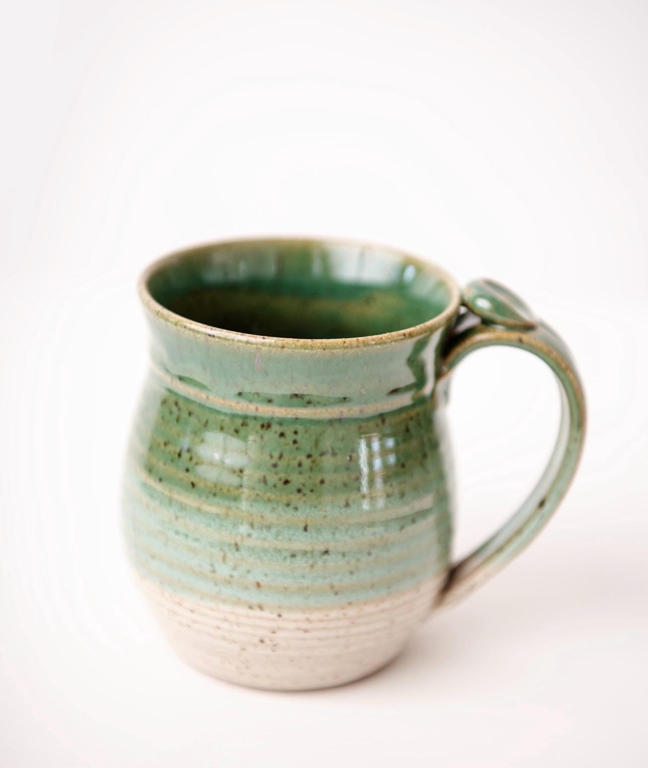 Handmade Ceramic Coffee Mug cup thumb rest green and white pottery clay cup stonehouse pottery - Image 14