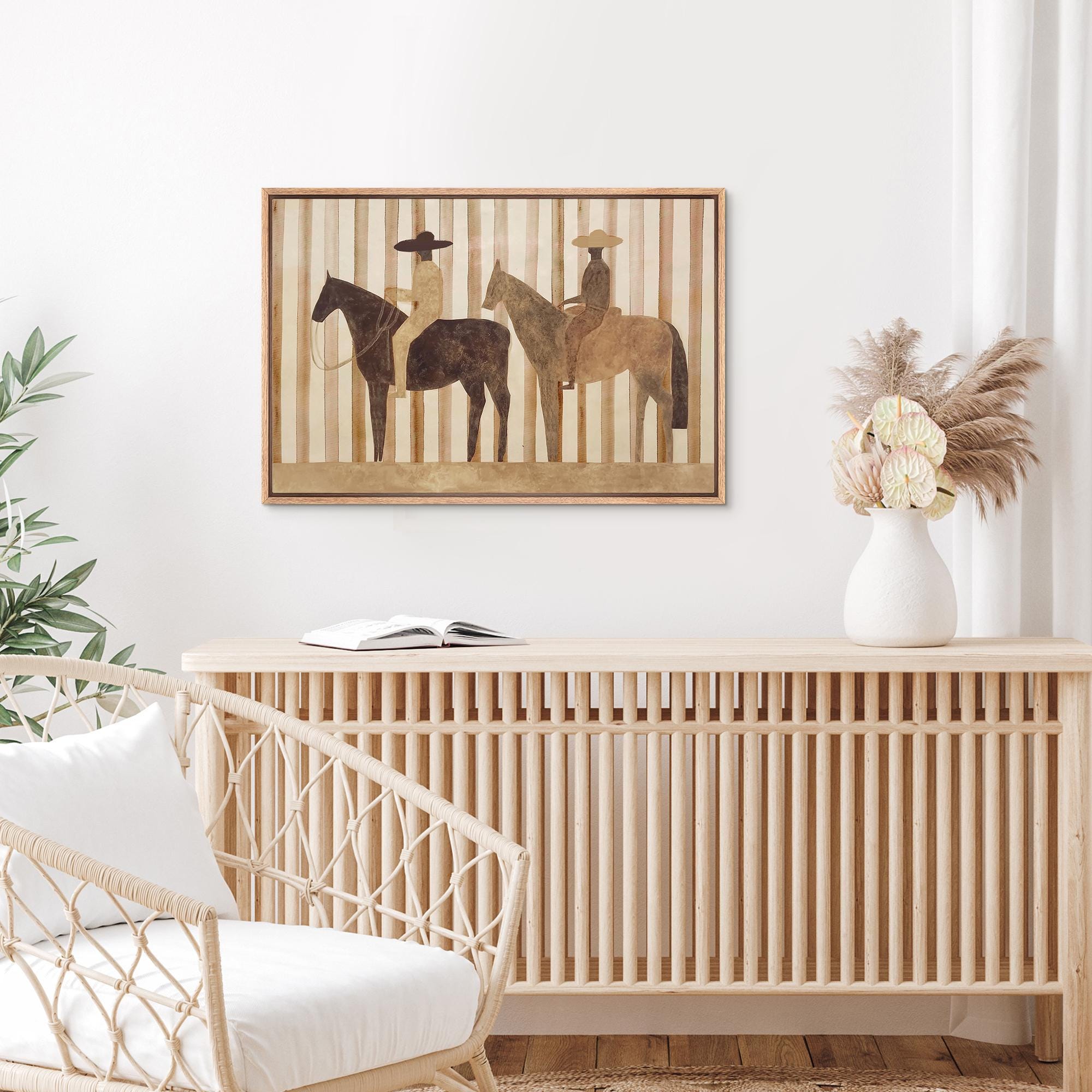 Abstract Cowboy Riders Framed Wall Art, Neutral Western Horse Rider Canvas Print - Image 6