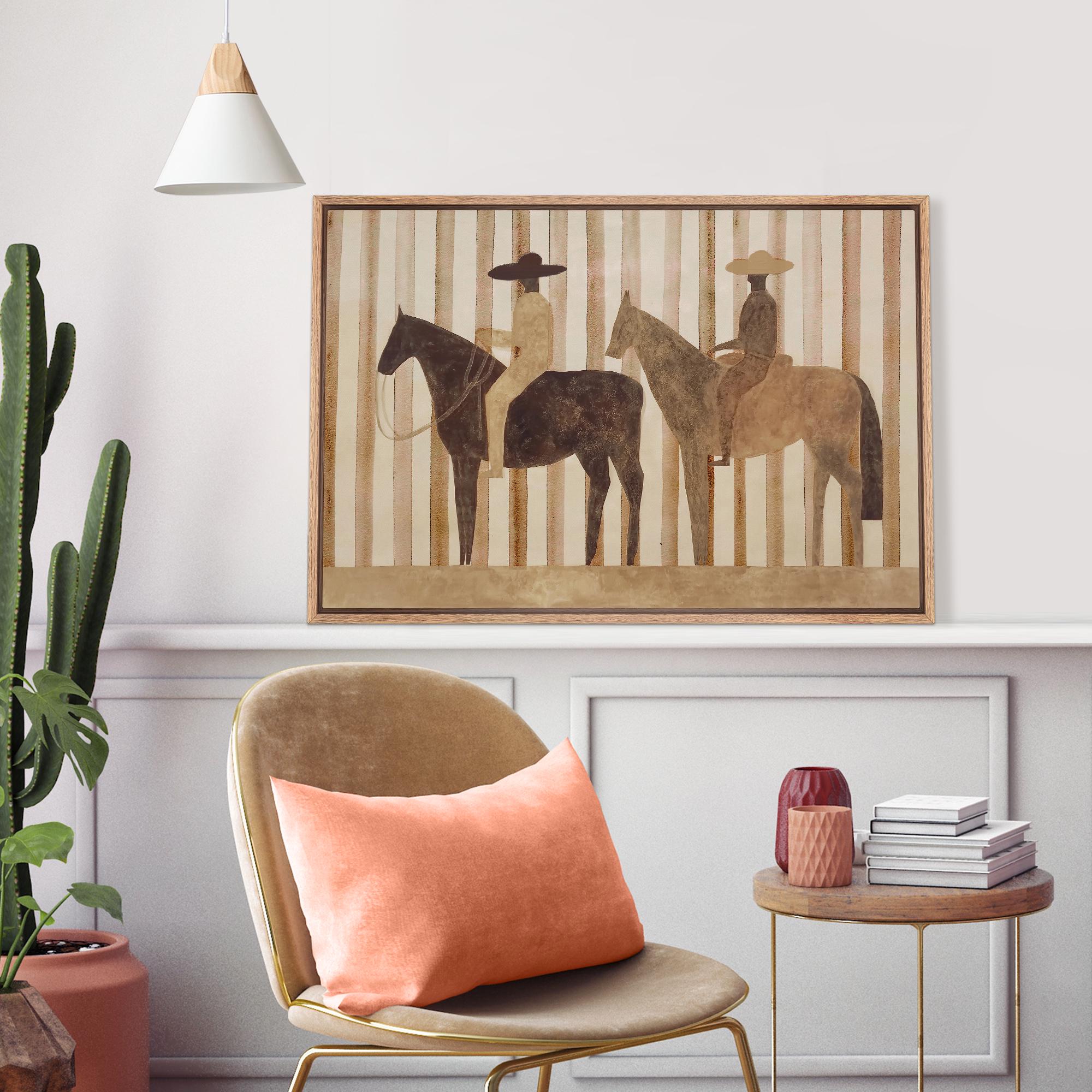 Abstract Cowboy Riders Framed Wall Art, Neutral Western Horse Rider Canvas Print - Image 4