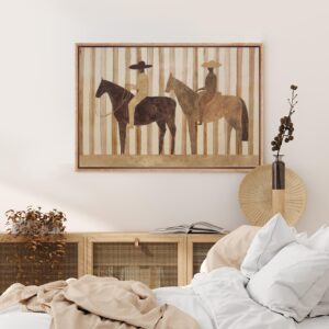 Abstract Cowboy Riders Framed Wall Art, Neutral Western Horse Rider Canvas Print