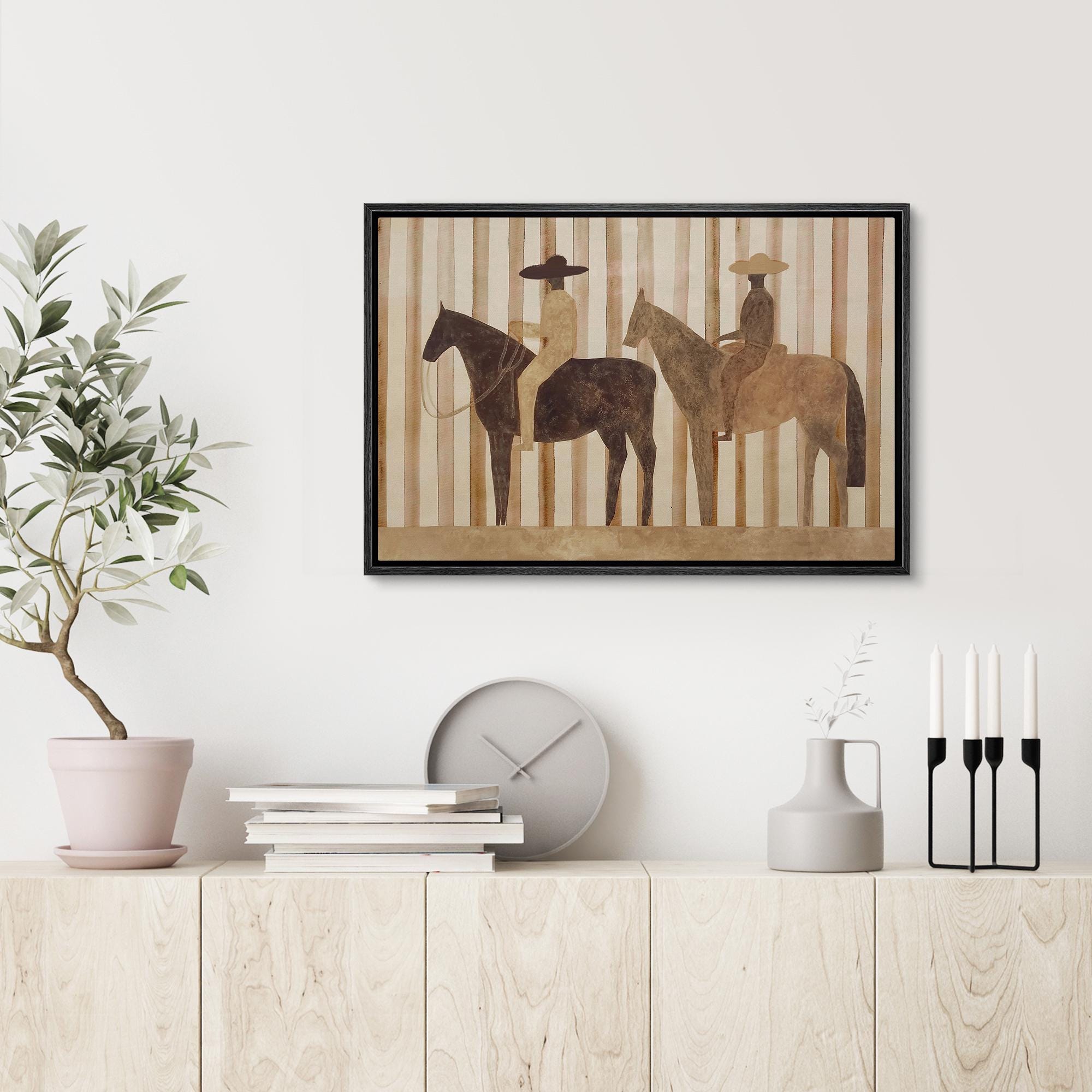 Abstract Cowboy Riders Framed Wall Art, Neutral Western Horse Rider Canvas Print - Image 8
