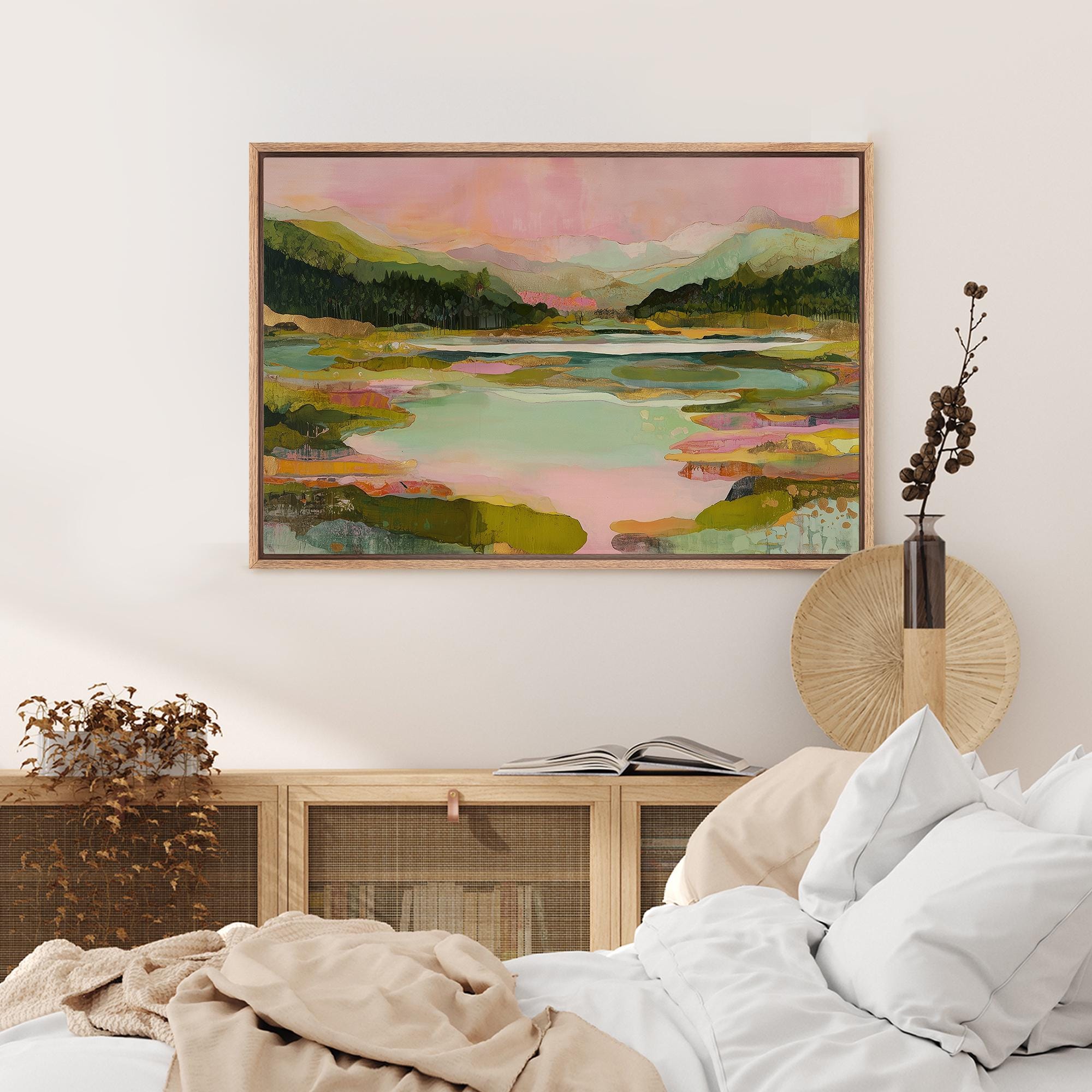 Large Abstract Lake Landscape Framed Wall Art, Colorful Mountain Canvas Print - Image 7